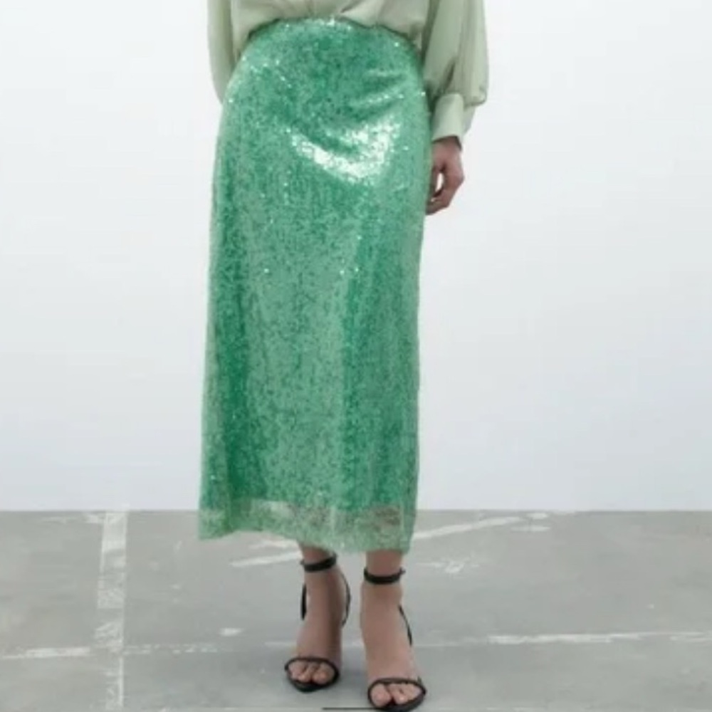 Zara Sea Green Sequin Pencil Midi Skirt Size M (item #A06)